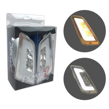 Set indicatori di direzione anteriori -Power 1 LED 2014->luce di marcia diurna (marchio UE) - Vespa GT/GTL/GTV/GTS 125-300 - bianco - vetro trasparente