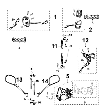 Cilindro del freno - Pinza - Pastiglie freno - Tubo freno - Interruttori di sterzo blu a 4 tempi Peugeot New Vivacity
