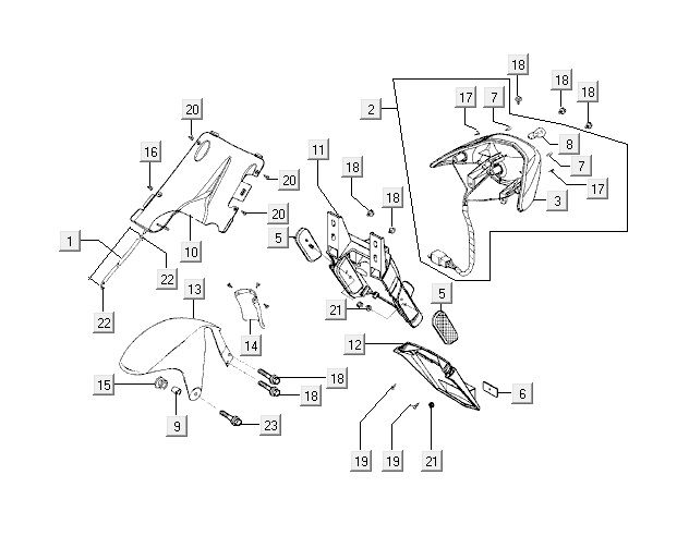 Fanale posteriore - Parafango posteriore Kymco Super9 50 2 tempi LC vecchio modello nero opaco giallo