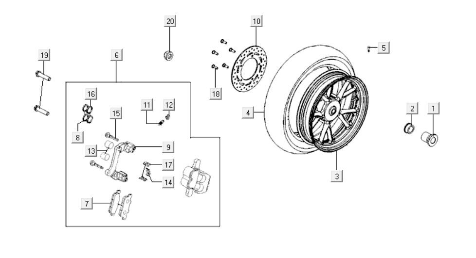 Ruota posteriore - Disco freno - Pinza freno Kymco GTI 300i