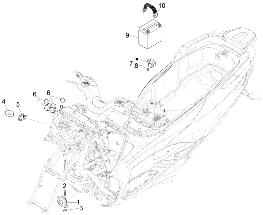 Batteria - Tromba - Relè di avviamento Piaggio MP3 350 Maxi Sport ABS Euro 4 2018-2020