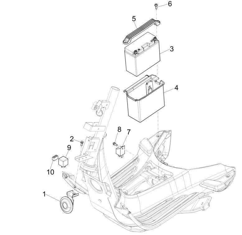 Batteria - Tromba - Relè di avviamento Vespa Sprint 125 3V IE ABS
