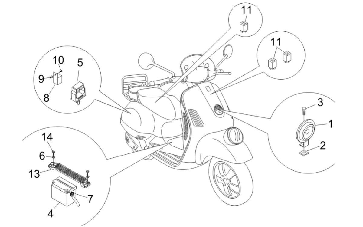 Batteria - Tromba - Relè di avviamento Vespa GTV 250 IE 4V