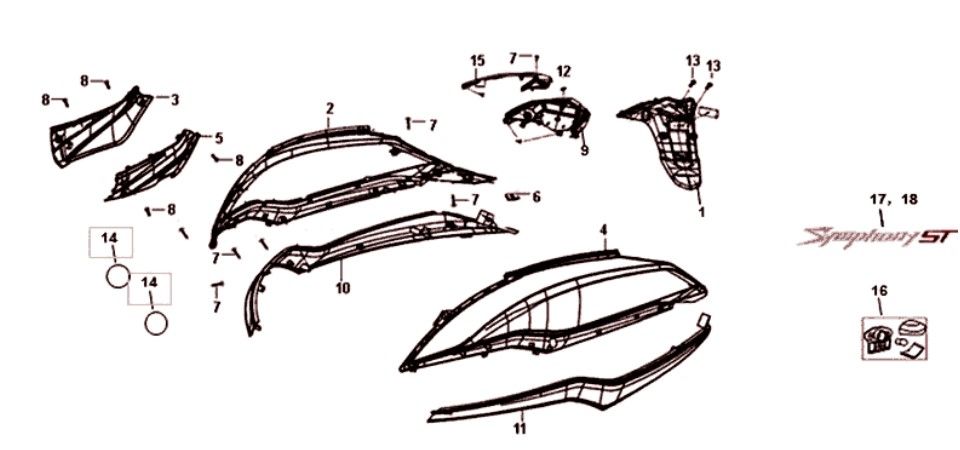 Parabrezza per moto - Luce posteriore - Parafango posteriore Sym Symphony ST Euro 4 (BK-001C/S-882U) nero/argento