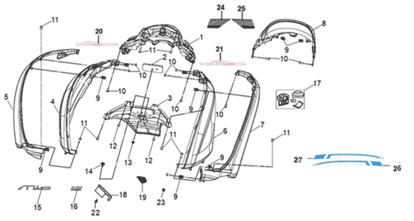 Copertura del corpo Sym Mio 50I E5 nero opaco (BK007U/BK001C)