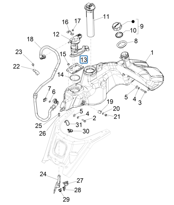 Serbatoio carburante - Galleggiante serbatoio - Pompa carburante Vespa GTS 125 ie ABS Euro 5 2021