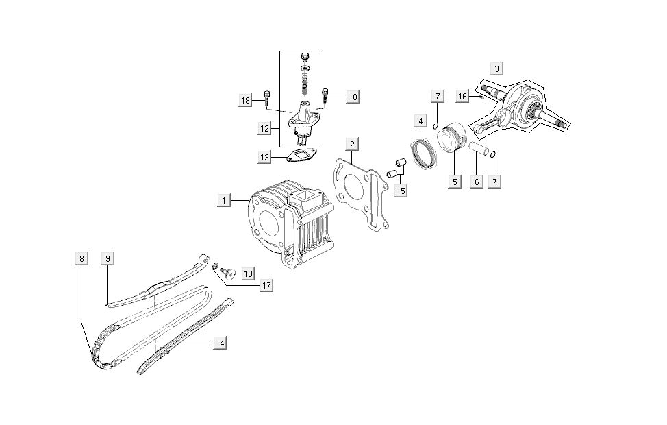 Cilindro - Albero motore Kymco Super8 50 4 tempi 2007-2009 rosso nero