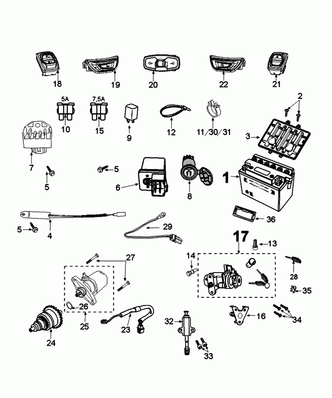 Parti elettriche - Pignone avviamento - Motorino di avviamento - Batteria Peugeot Django 50 4T AC Euro 4