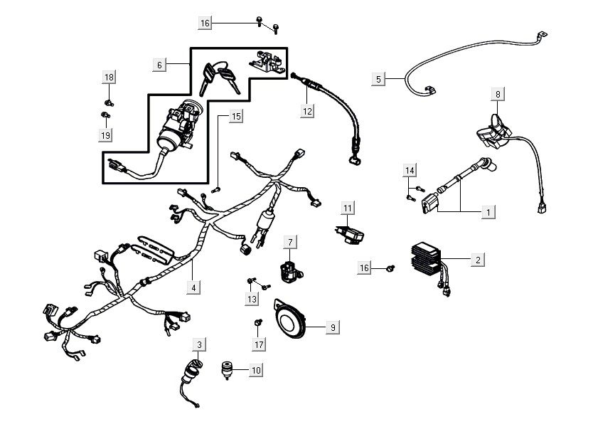 Cablaggio - Interruttore di accensione - Regolatore di tensione Agility 16+ 200i Argento metallizzato opaco