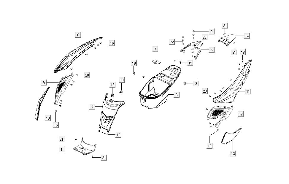 Cofani - Pannello posteriore Kymco Super8 50 4 tempi 2007-2009 Blu giallo