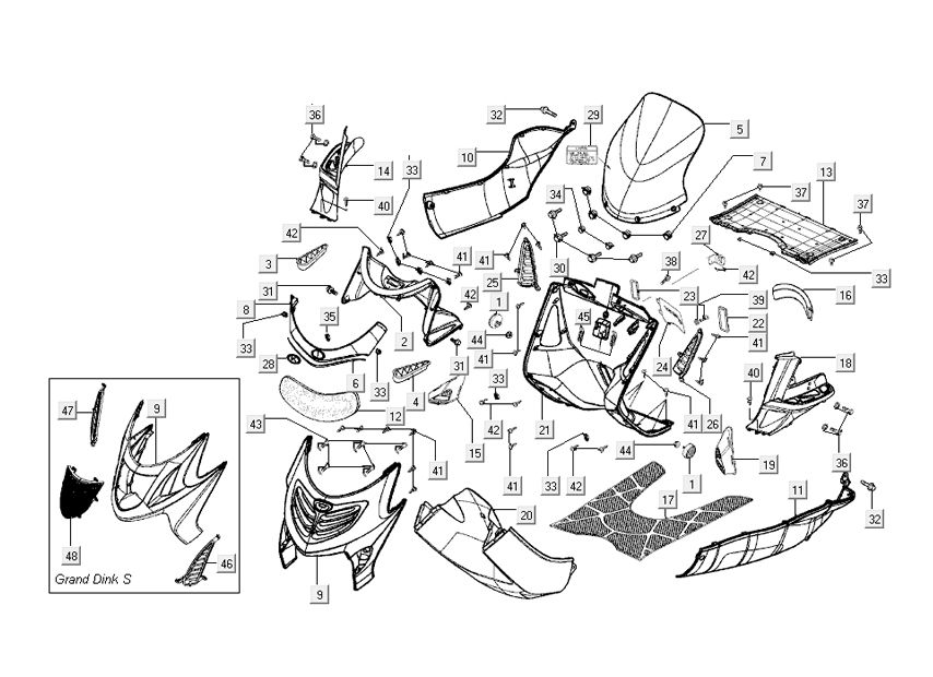 Cappucci - Placcatura anteriore e centrale Kymco Grand Dink 2 tempi Silver