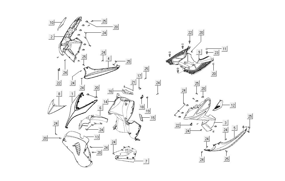 Cappucci - Placcatura anteriore e centrale Kymco Super8 50 4 tempi 2009 → Blu