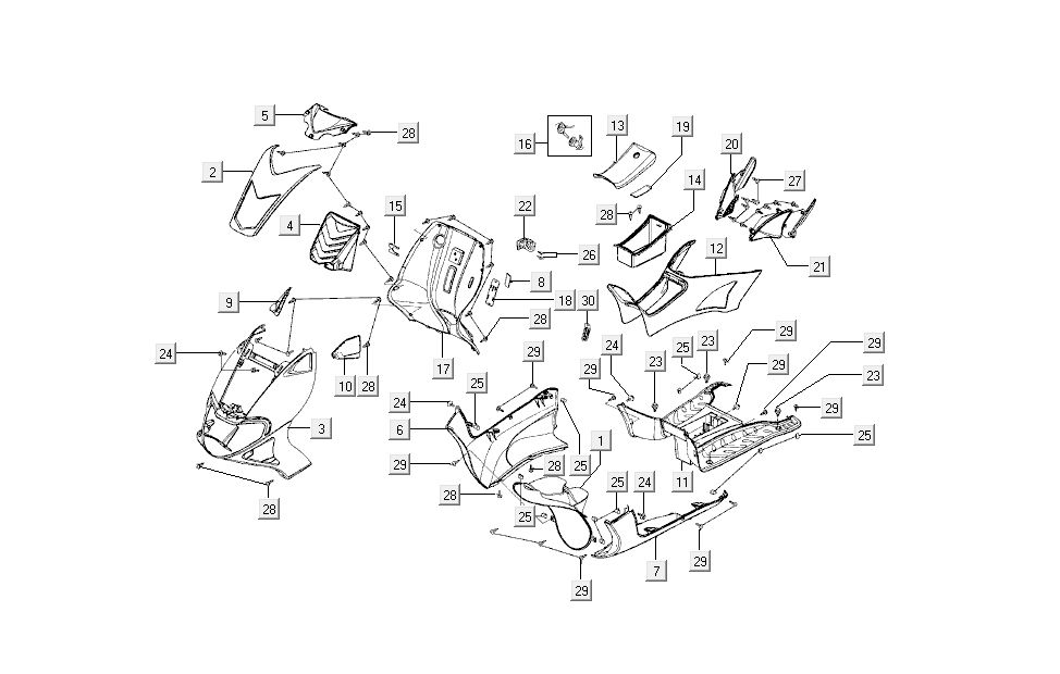 Copertina anteriore - Pedana - Paragambe Kymco Super9 50 2 tempi AC nuovo modello argento - nero