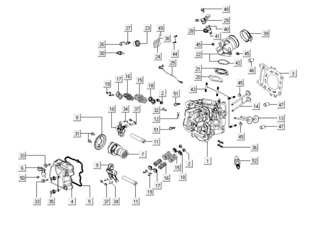 Testa cilindro - Valvole - Albero a camme - Collettore di aspirazione - Coperchio valvola Kymco Downtown 300i grigio scuro