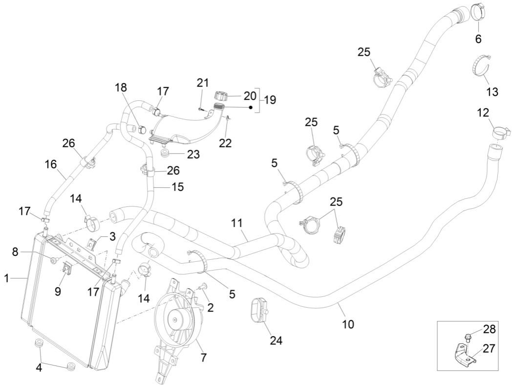 Radiatore - Tubi di raffreddamento - Serbatoio refrigerante Piaggio MP3 300 ie LT Business - Sport (con e senza ABS) 2016-2018