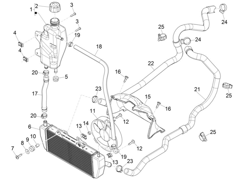 Radiatore - Tubi di raffreddamento - Serbatoio refrigerante Piaggio MP3 300 HPE/300 HPE Sport ABS Euro 5 2020-2022