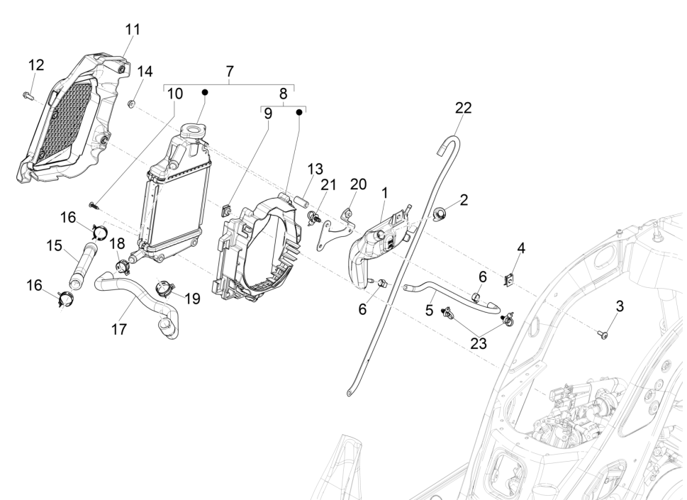 Radiatore - Tubi di raffreddamento - Serbatoio refrigerante Vespa GTS 125 IE ABS Euro 5 2021
