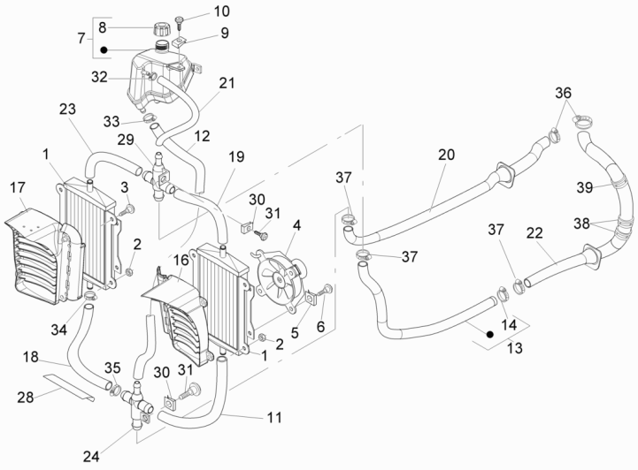 Radiatore - Tubi di raffreddamento - Serbatoio refrigerante Vespa GTS 250 ie 2005-2016 (senza ABS)