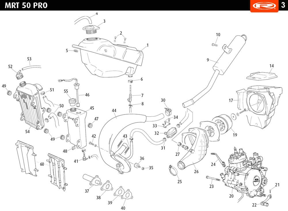 Radiatore - Sistema di raffreddamento - Scarico - serbatoio Rieju MRT pro SM bianco 2010 a 2 tempi