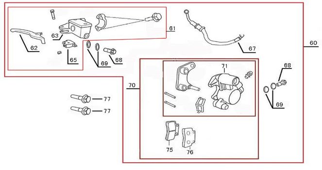 Cilindro del freno - Leva del freno - Tubo del freno - Pinza - Pastiglie freno AGM Star 50 rosse bianche
