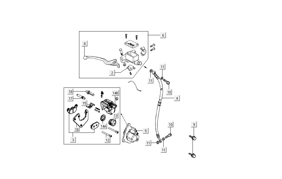 Cilindro del freno - Leva del freno - Tubo del freno - Pinza - Pastiglie freno Kymco Super8 50 4 tempi 2007-2009 arancioni