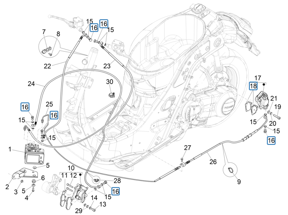 Pinza freno - Pastiglie freno - Tubo freno (ABS) Vespa GTS 125 IE ABS Euro 4 2019