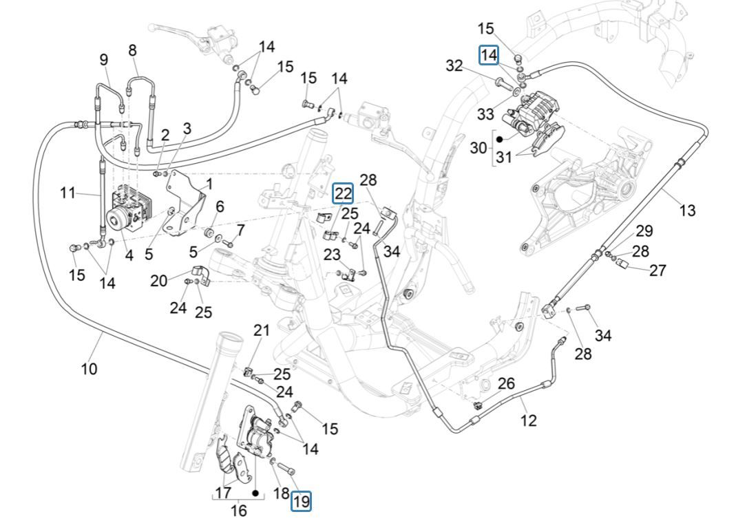 Pinza freno - Pastiglie freno - Tubi freno Piaggio Medley 125 ABS Euro 5 2021-2022