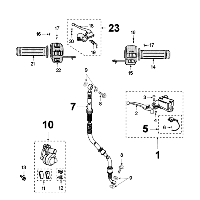 Cilindro del freno - Pinza - Pastiglie freno - Tubi del freno - Interruttori dello sterzo D160 Peugeot V-Clic 50 4 tempi AC bianco