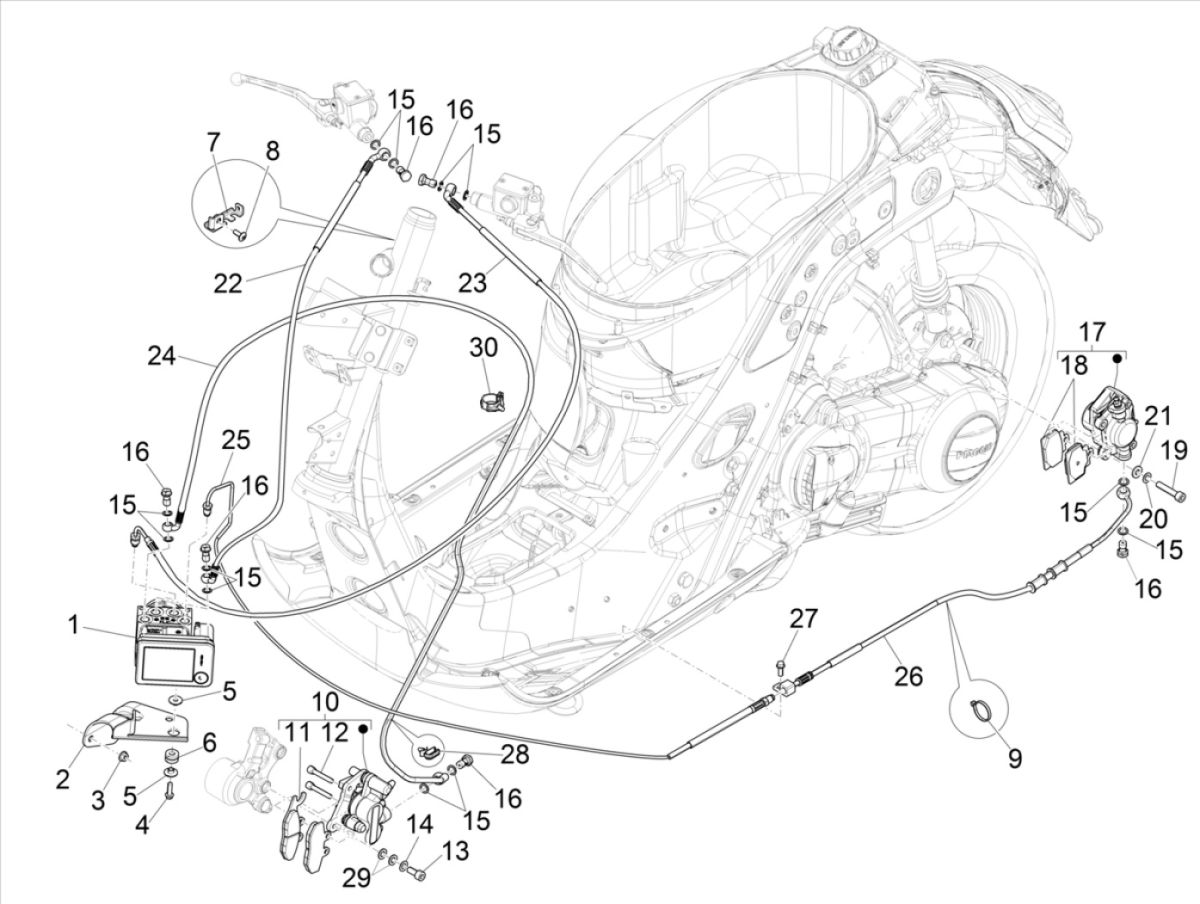 Cilindro freno - Pinza - Pastiglie freno - Tubo freno - Modulo ABS Vespa GTS 300 HPE 4V IE ABS Euro 4 2019