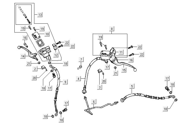 Cilindro del freno - Tubo del freno - Maniglia del freno Kymco Super9 50 2 tempi LC vecchio modello nero opaco-rosso