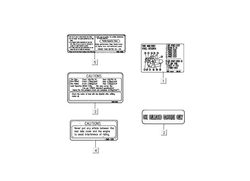 Adesivi di sicurezza e di avvertenza Kymco Super9 50 2 tempi AC vecchio modello nero opaco rosso