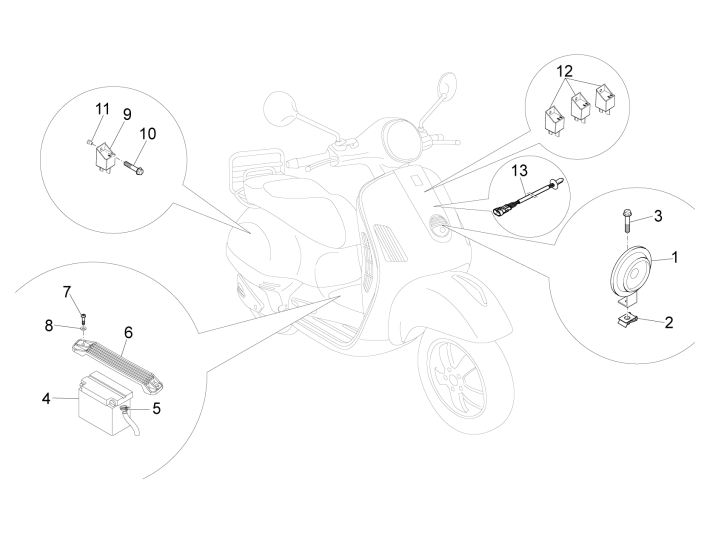 Batteria - Clacson - Interruttore avviamento Vespa GTS 250 ie 2005-2016 (senza ABS)