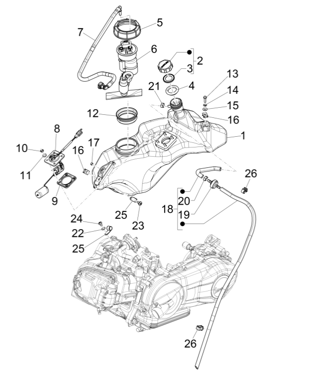 Serbatoio gas - Serbatoio galleggiante - Stazione di rifornimento - Vespa Sprint 150 3V IE ABS Euro 3 2015