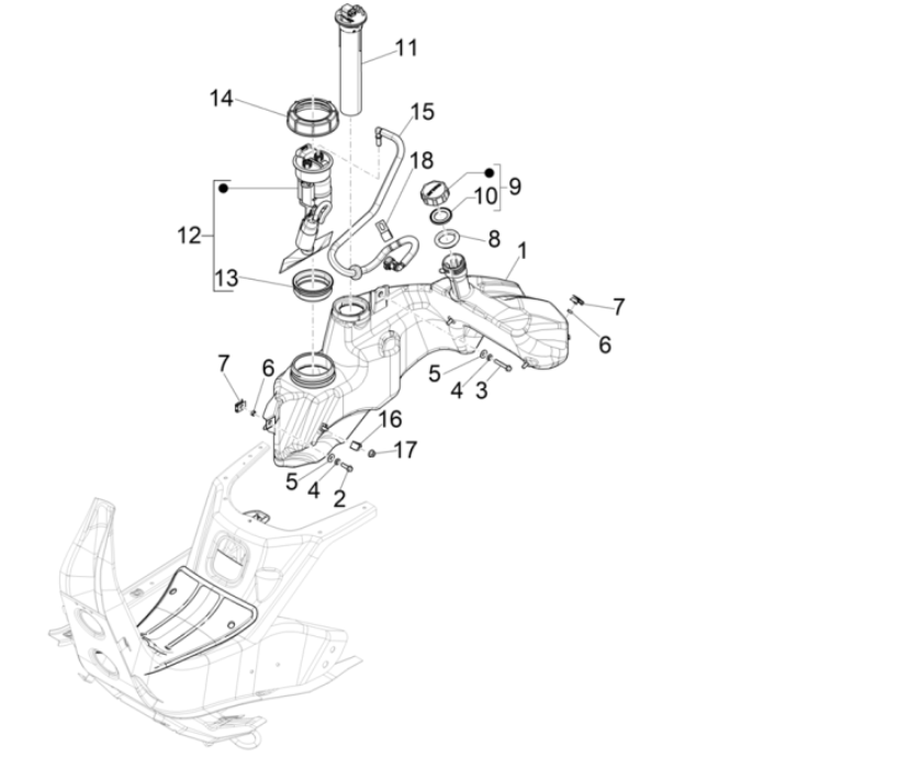 Serbatoio gas - Serbatoio galleggiante - Stazione di rifornimento Vespa GTS 300 Super HPE 4V IE ABS Euro 5 2020-2022