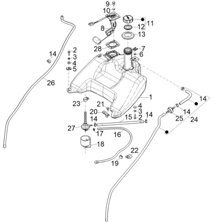 Serbatoio - Galleggiante serbatoio - Valvola a vuoto Piaggio Typhoon 50 2 tempi Euro 4 2018-2020