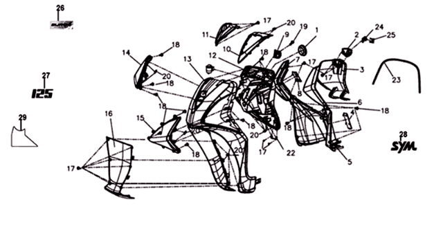 Piastra frontale/piastra interna/indicatori Sym Symphony ST 125I E4 Nero/Argento (BK-001C/S-882U)