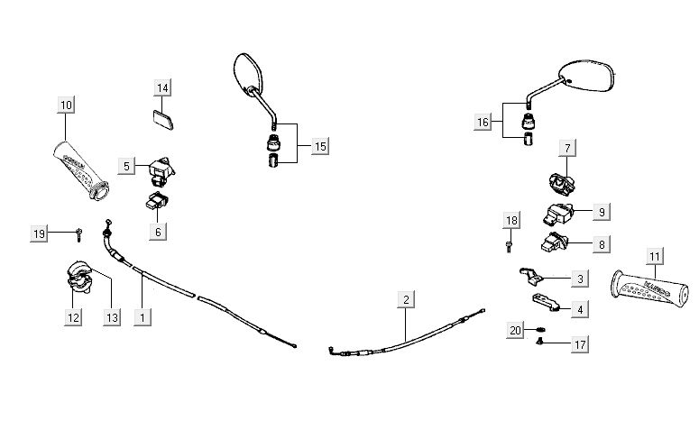 Specchietti - Interruttori dello sterzo - Cavo dell'acceleratore - Manopole - Kymco Activ 50 4 tempi rosso-nero