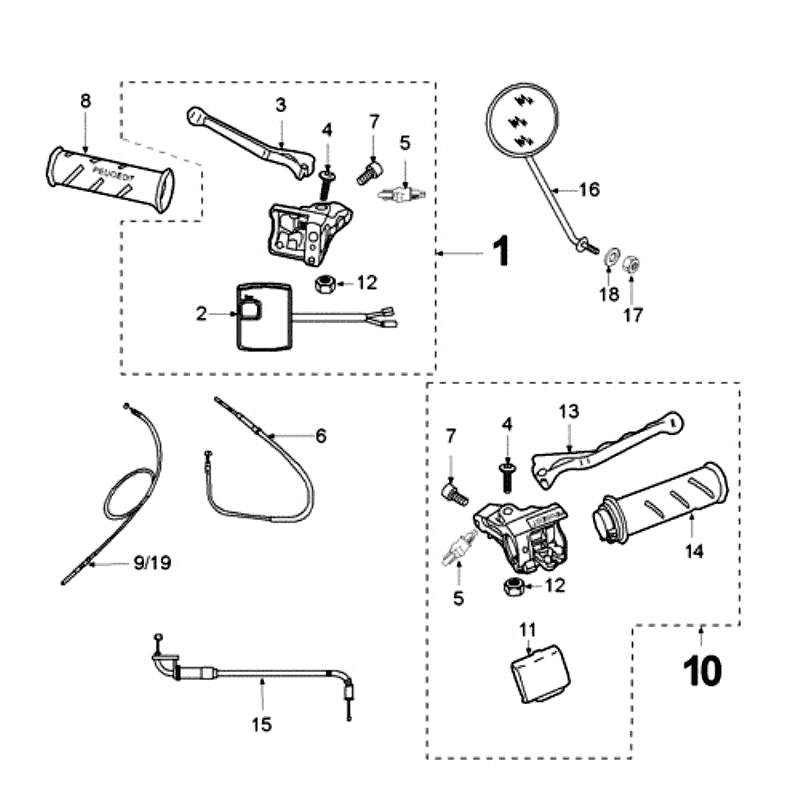 Specchietti - Manopole - Leve freno - Cavi serbatoio olio rosso Peugeot Fox