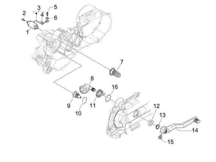 Motorino di avviamento - Albero kickstarter -Leva kick starter- Pignone avviamento Vespa LX 50 4T 4V AC 45km/h