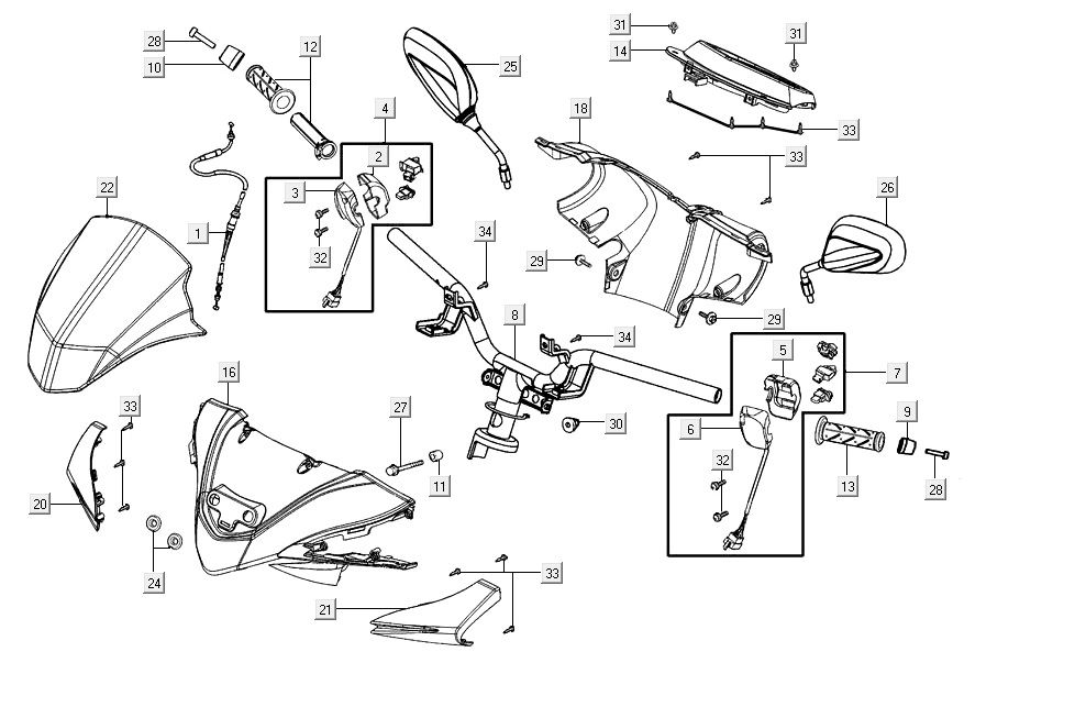 Volante - Copri manubrio - Specchietti - Manopole - Cavi Kymco Agility 16+ 125 Blu chiaro metallizzato opaco