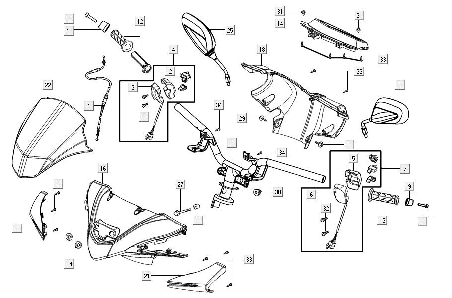 Volante - Copri manubrio - Specchietti - Manopole - Cavi Kymco Agility 16+ 125 Argento metallizzato opaco