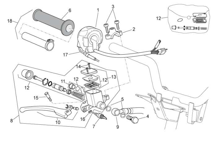 Cilindro del freno - Interruttori dello sterzo destro Aprilia SR 50 LC (iniezione e carburatore) 2004-2009