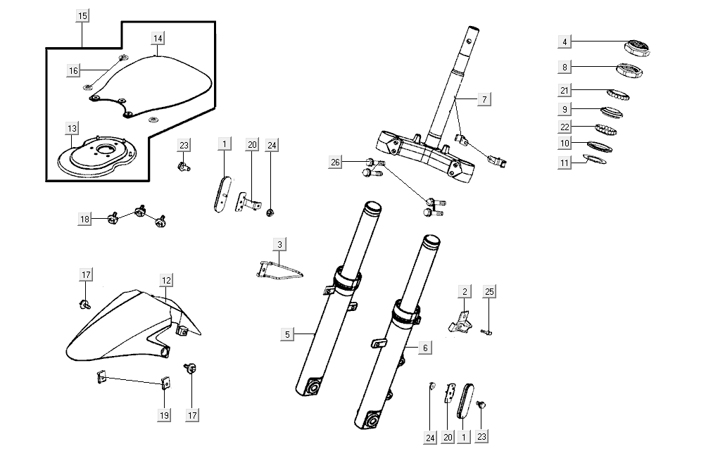 Forcella anteriore - Corona - Cuffia - Parafango anteriore Kymco Super8 Street 50i Euro 4 nero opaco