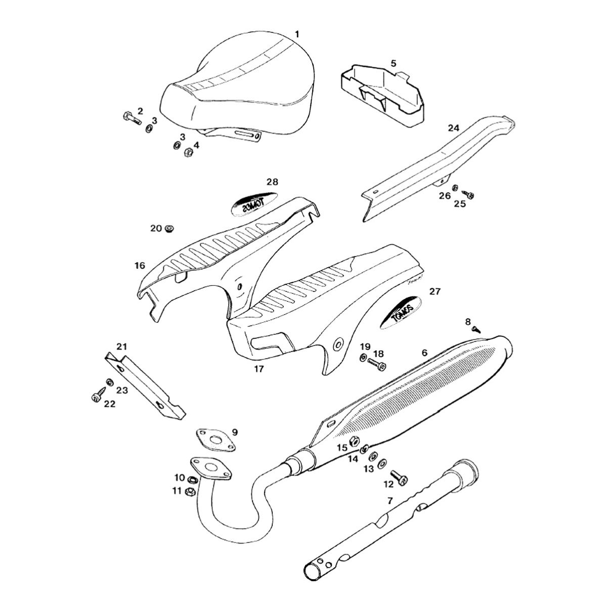 Zadel - zijkappen - uitlaat Tomos FLEXER 2001