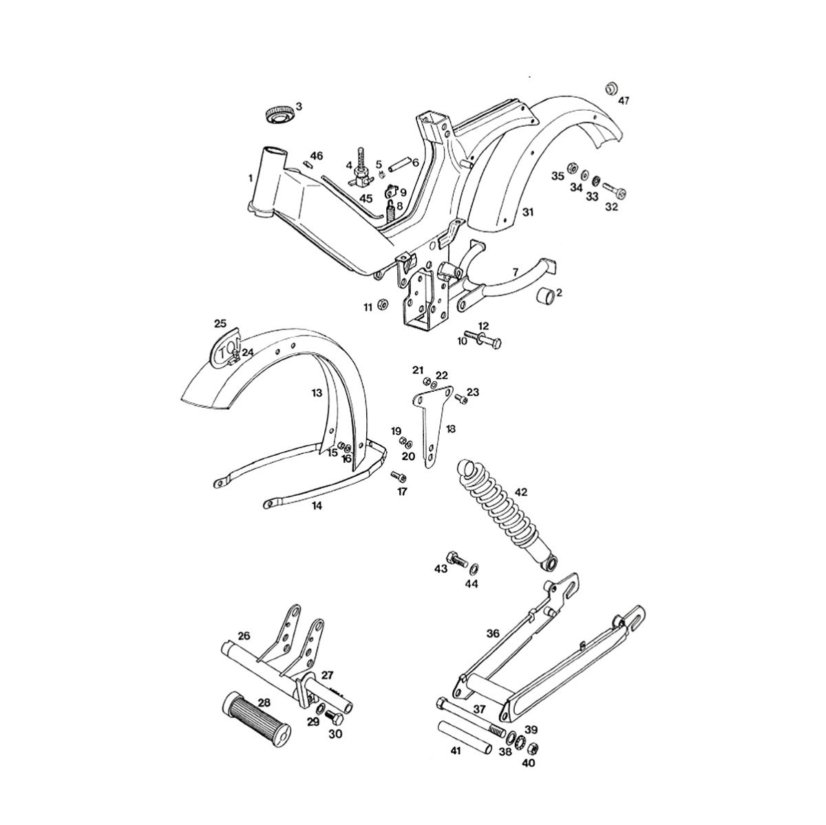 Framedelen - spatborden - schokbrekers Tomos STANDARD QUADRO LUXE 1996-1997