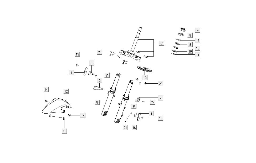 Forcella anteriore - Cuffia - Parafango anteriore Kymco Super8 50 4 tempi 2007-2009 arancione