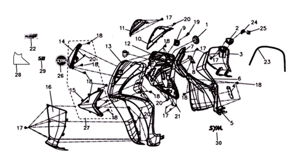 Coperchio anteriore - Protezione per le gambe - Indicatori anteriori Sym Symphony ST Euro 4 (BK-001C/S-882U) nero/argento
