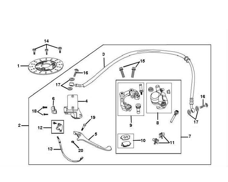 Cilindro del freno - Pinza - Pastiglie freno - Tubo freno - Disco freno AC a 4 tempi Peugeot V-Clic 50