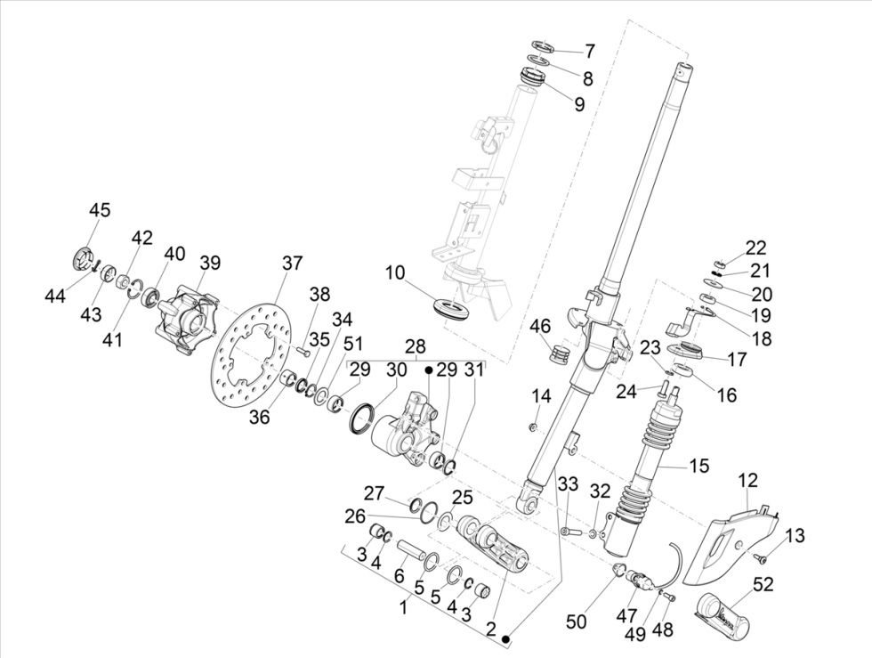 Forcella anteriore - Cuffia - Ammortizzatore anteriore - Disco freno Vespa Primavera 50 4 tempi IGET 3V Euro 5