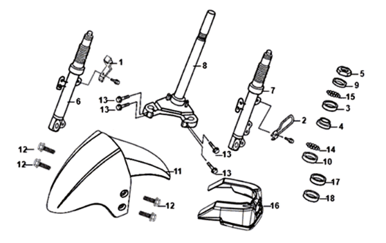 Voorvork / voorspatbord / balhoofdstel Sym Orbit III 125I E4 RED (R-010CA)